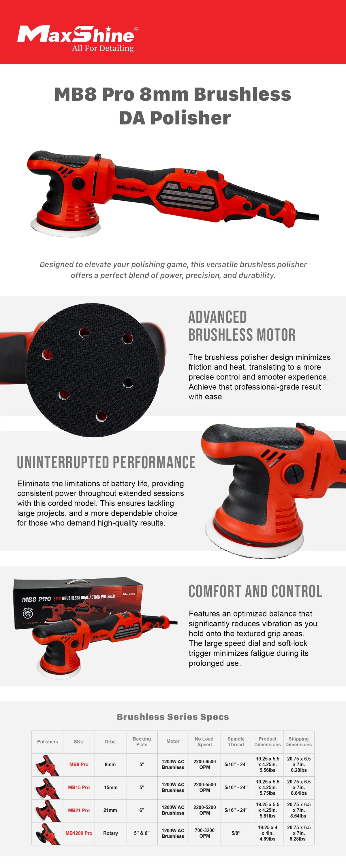 Mb8 MB8 Pro Brushless DA Polisher | 1200W, 8mm Throw, 5” Plate, 6-Speed, 5